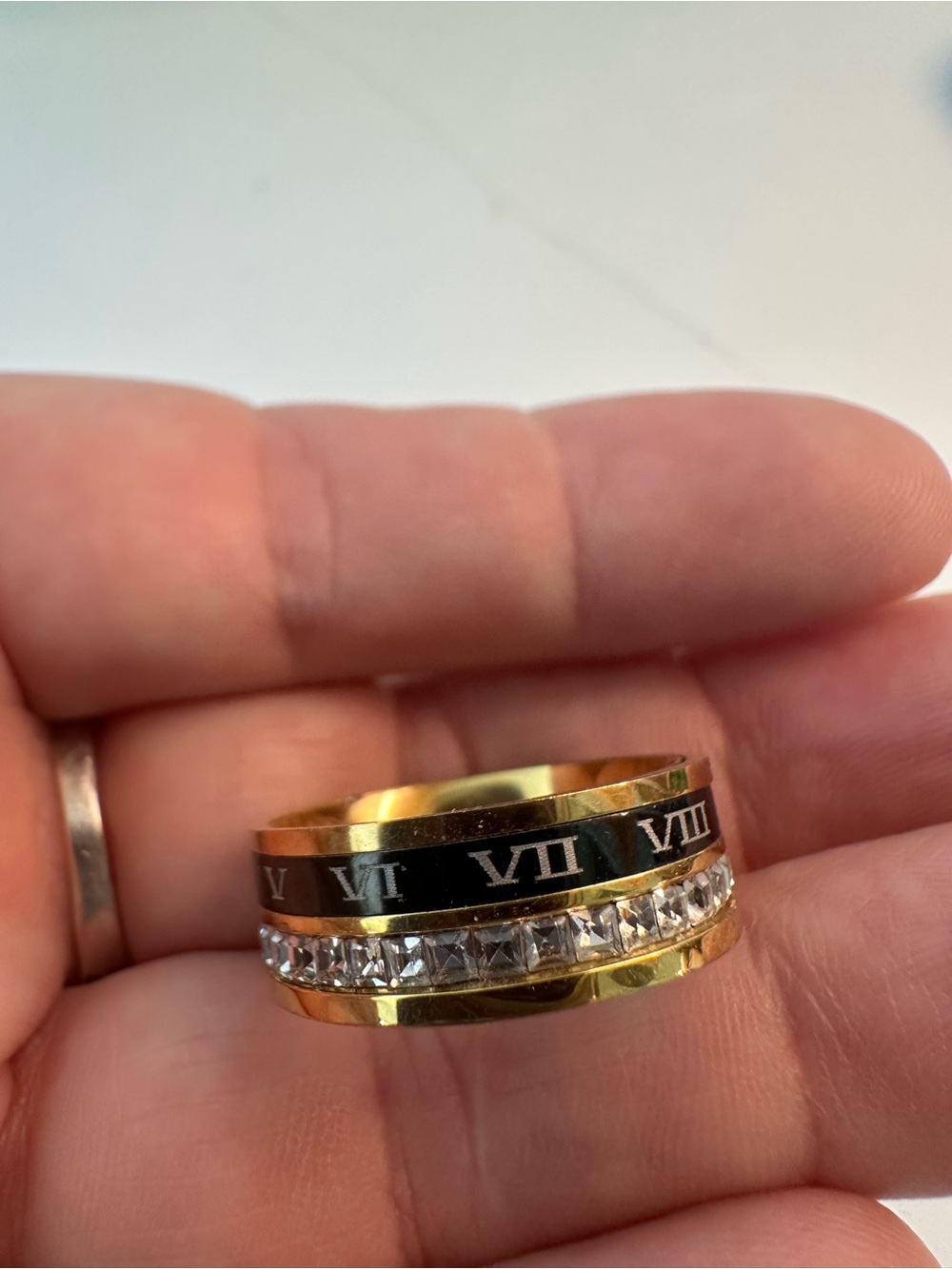 Gold-Tone Roman Numeral and Crystal Band Ring - Women's Jewelry Size 8